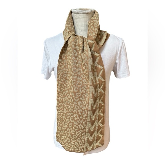 Michael Kors Womens Metallic Gold MK Monogram Print Scarf NWT - Picture 2 of 9